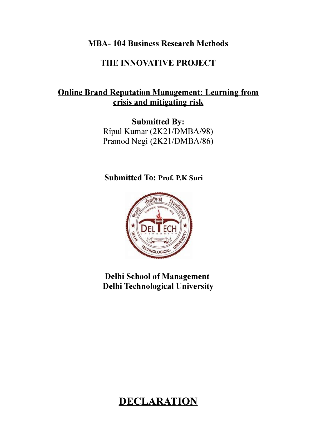 research report of mba