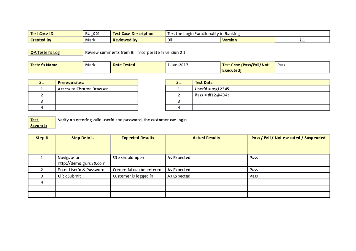 Test Case Template - Note - Test Case ID BU_001 Test Case Description ...