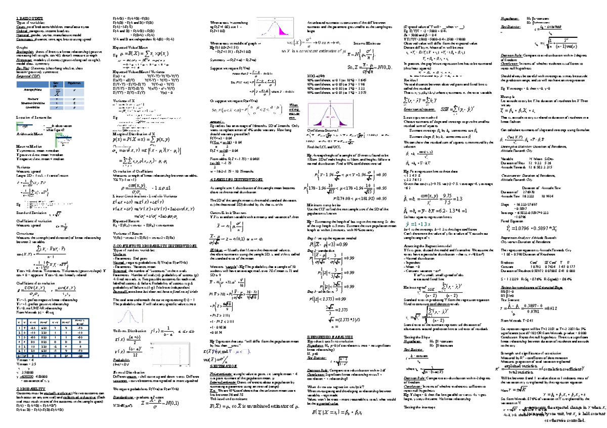 Stat1008 notes - 1. BASIC STATS Types of variables: Count: no of ...