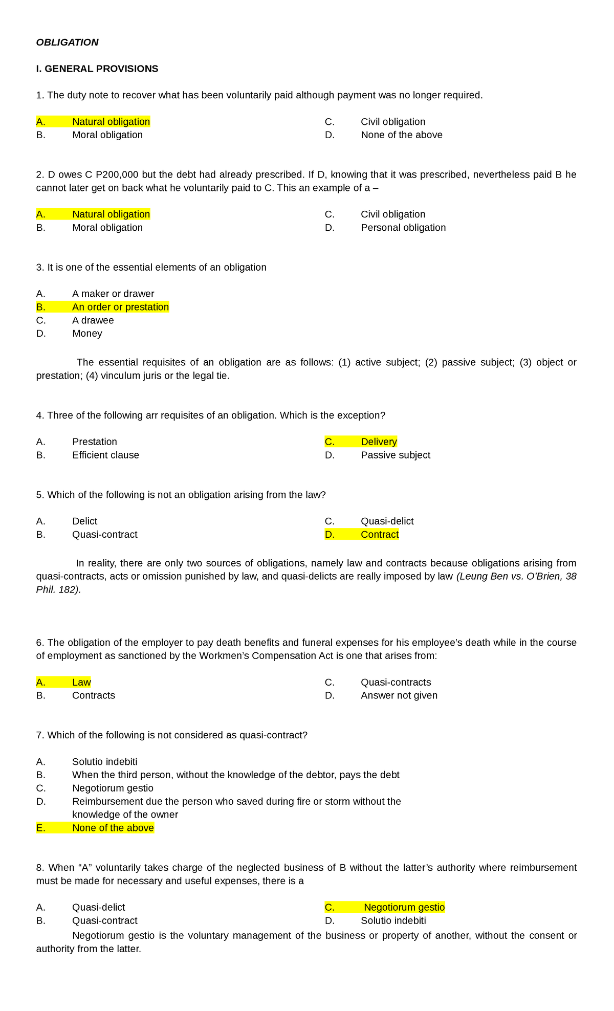 Law Obligation Exam - Lecture Notes 1 - OBLIGATION I. GENERAL ...