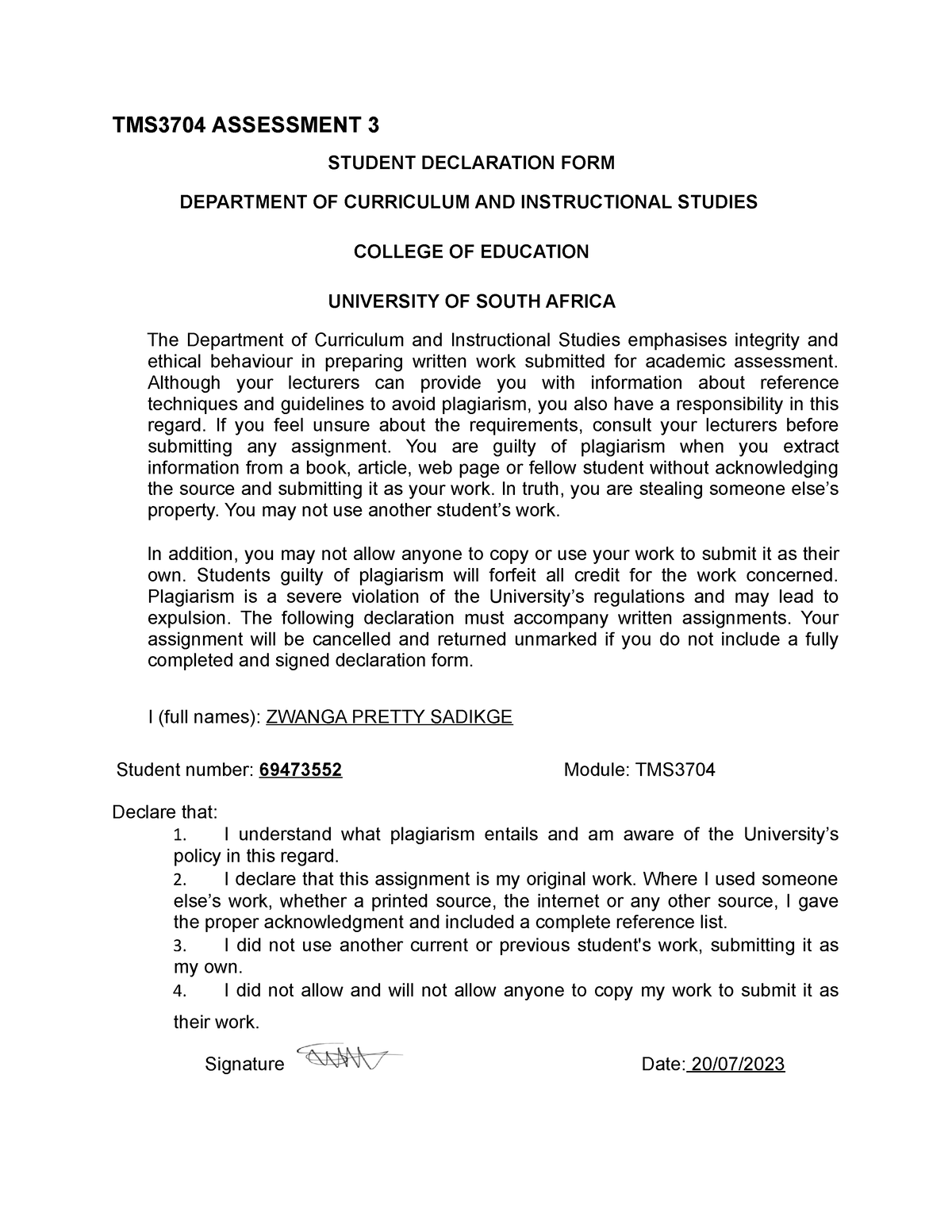 student declaration form for assignment