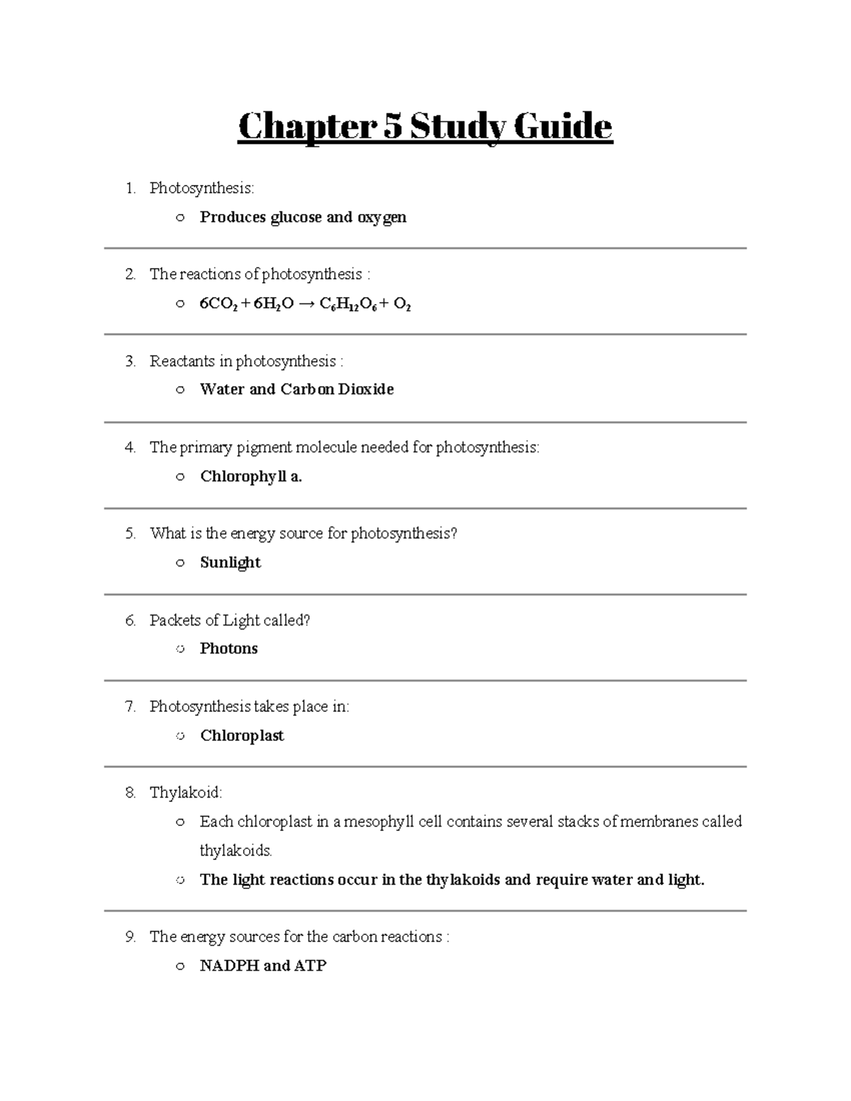 Chapter 5 Study Guide - Chapter 5 Study Guide Photosynthesis: Produces ...