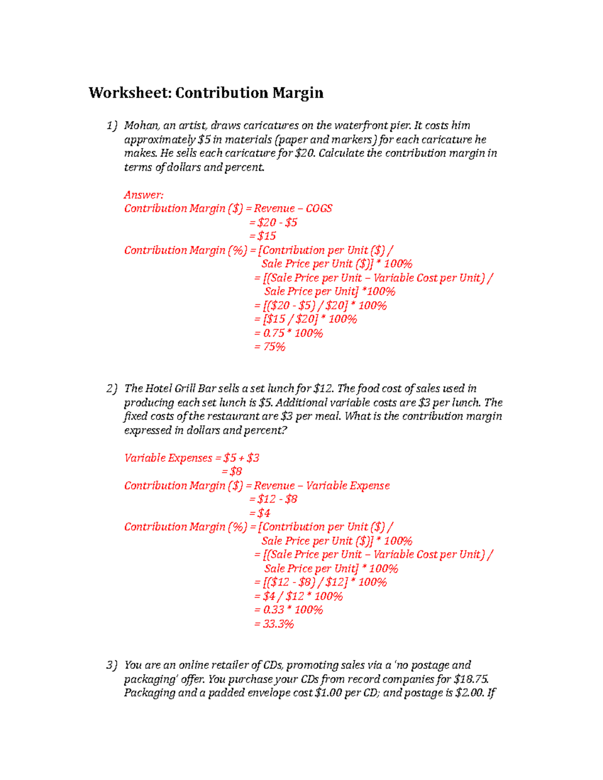 Contribution Margin-Answers - Worksheet: Contribution Margin Mohan, an ...