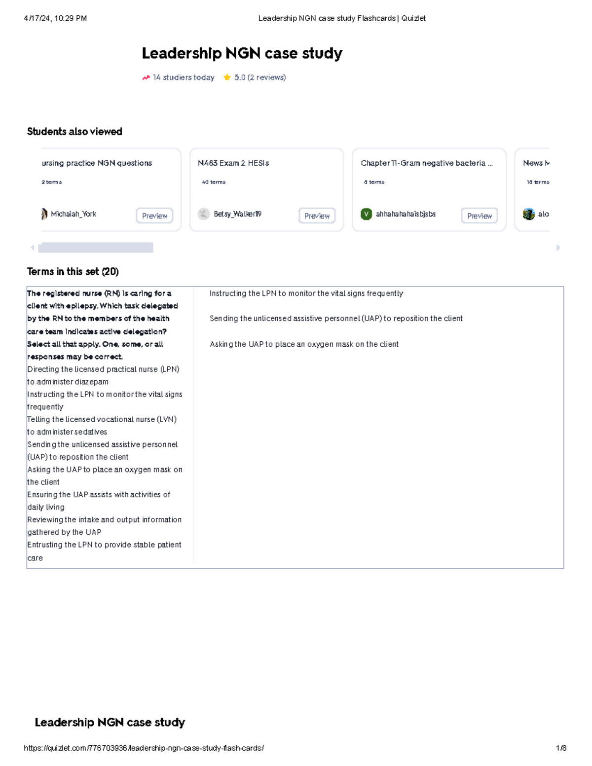 Leadership NGN case study Flashcards Quizlet - Leadership NGN case