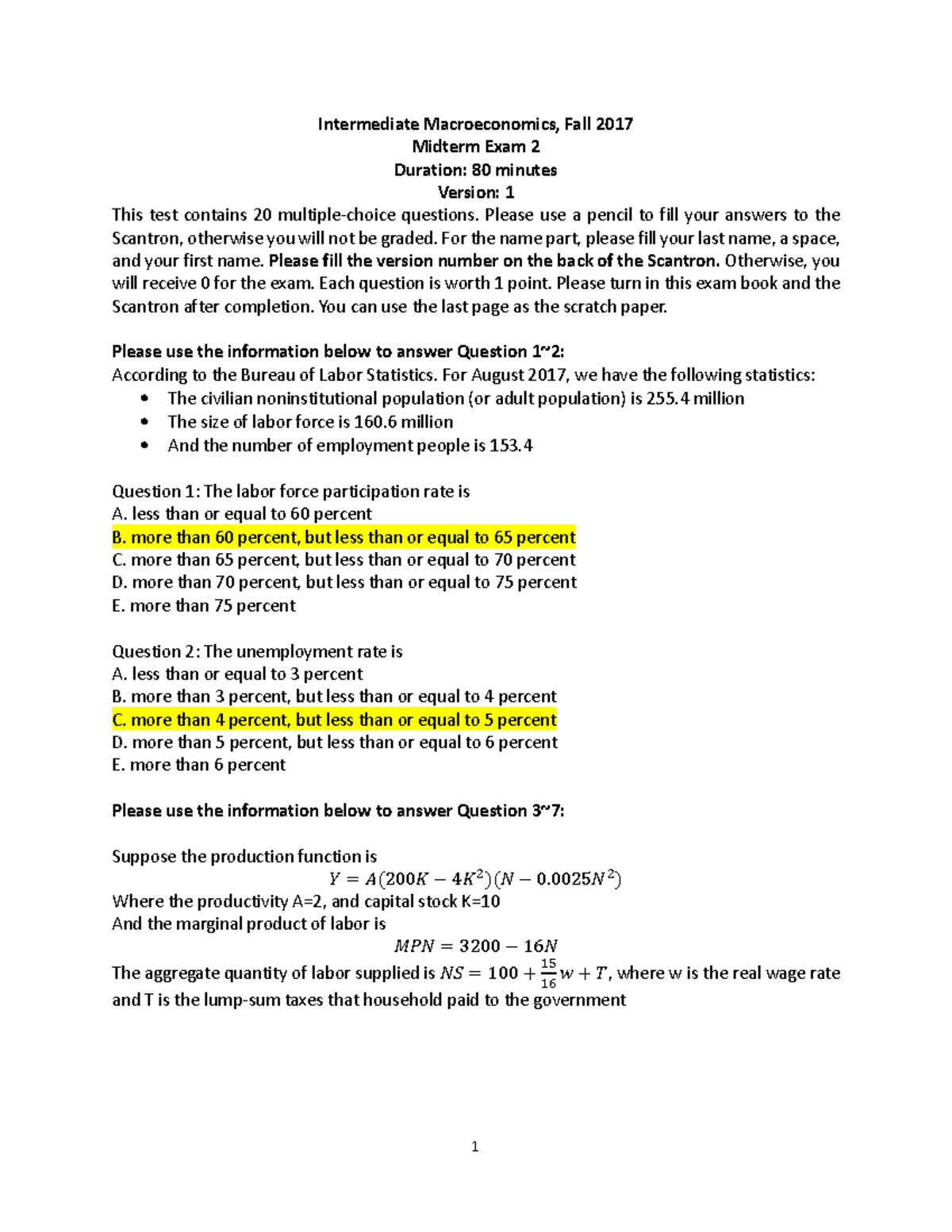 2017 Fall Midterm 2 V1 - Answer - Intermediate Macroeconomics, Fall ...