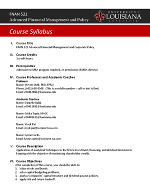 FNAN 522 Syllabus Fall B 2021 - FNAN 522 - UL Lafayette - Studocu