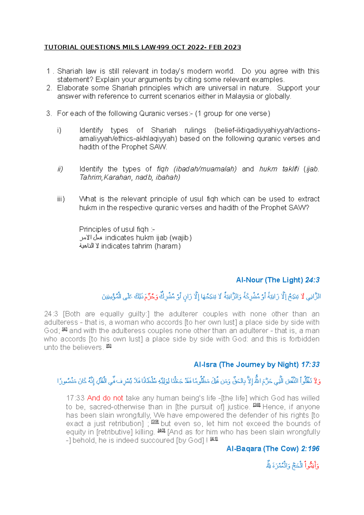 LAW499 MILS Tutorial 2 - Practice of islamic law - TUTORIAL QUESTIONS ...