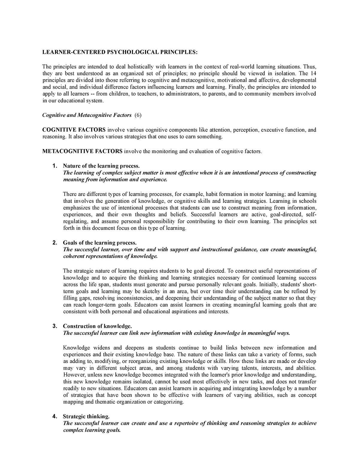 research study about learner centered psychological principles pdf