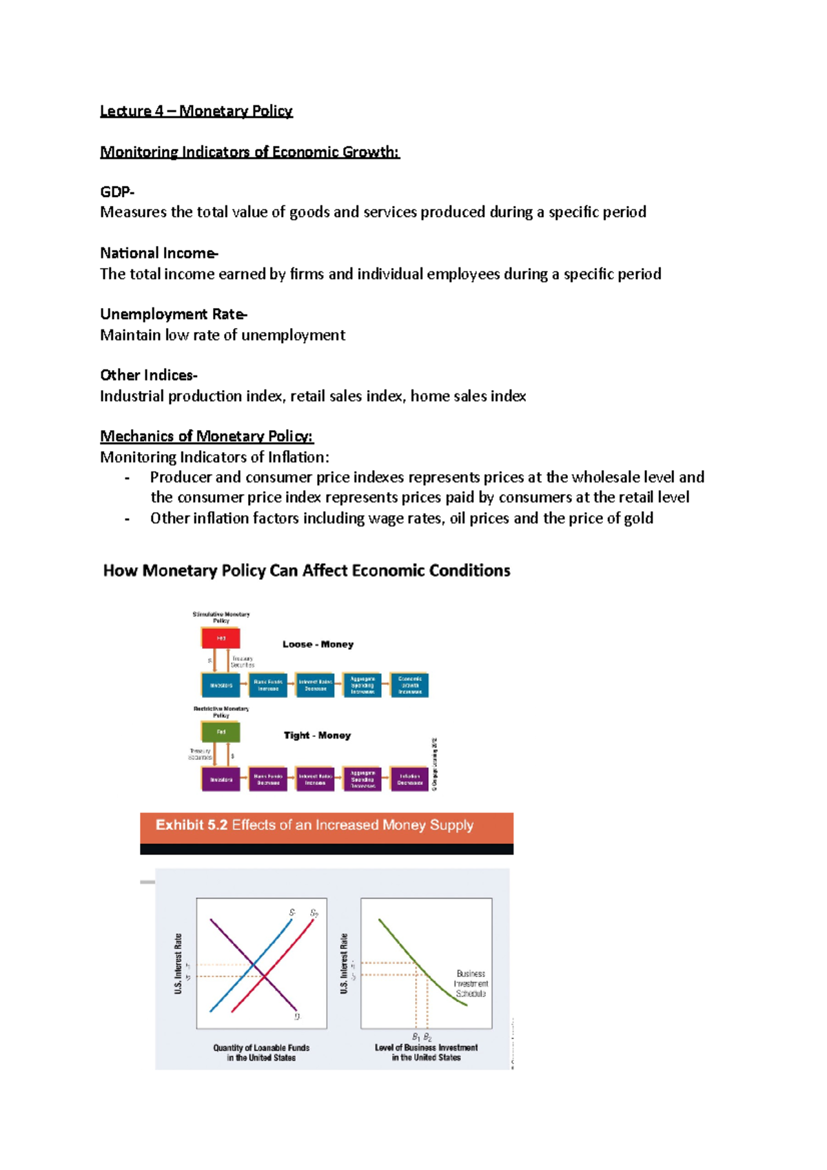 Notes Lecture 4 - Monetary Policy - Lecture 4 – Monetary Policy ...