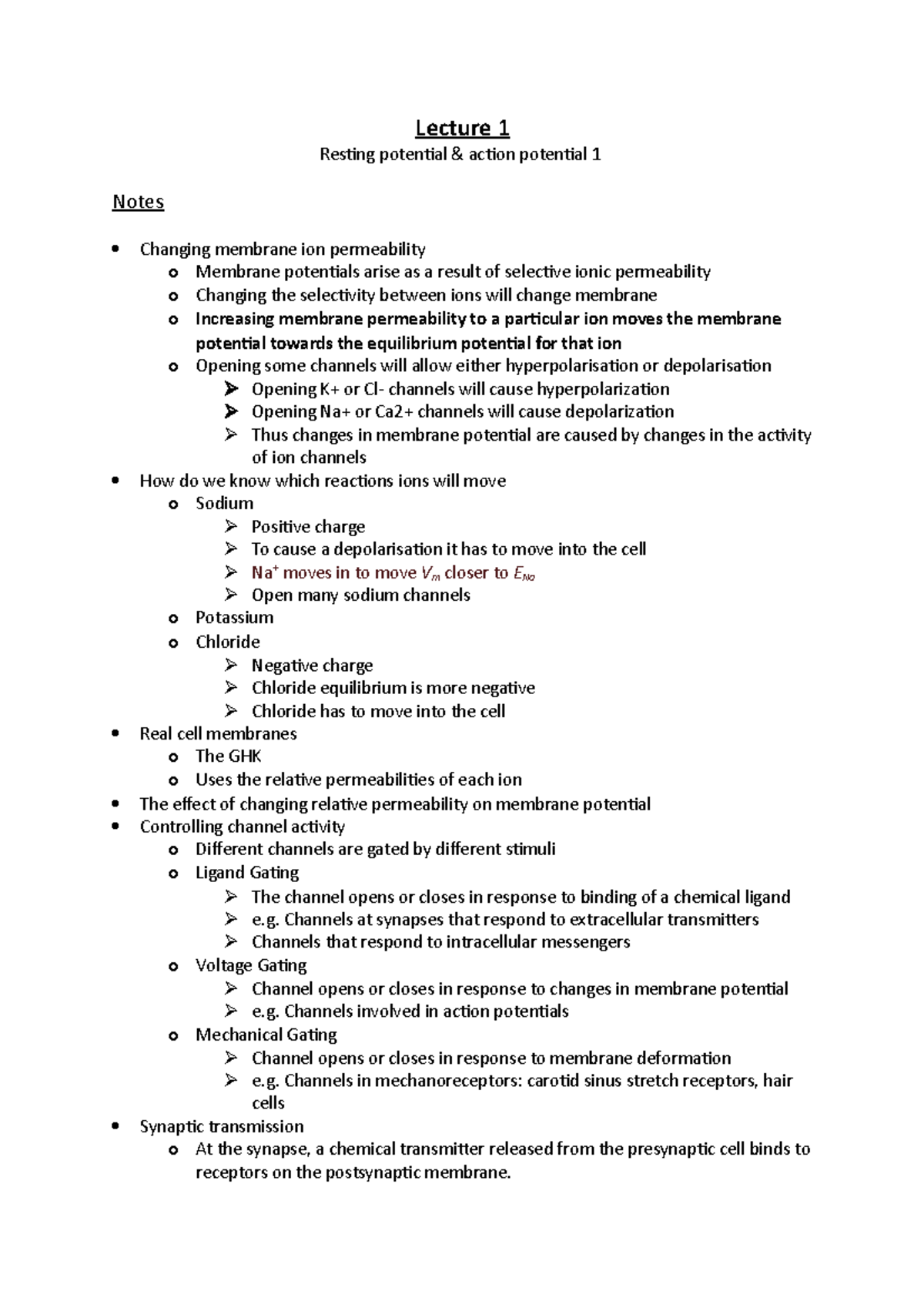 Potentials Notes 2 - Lecture 1 Resting potential & action potential 1 ...