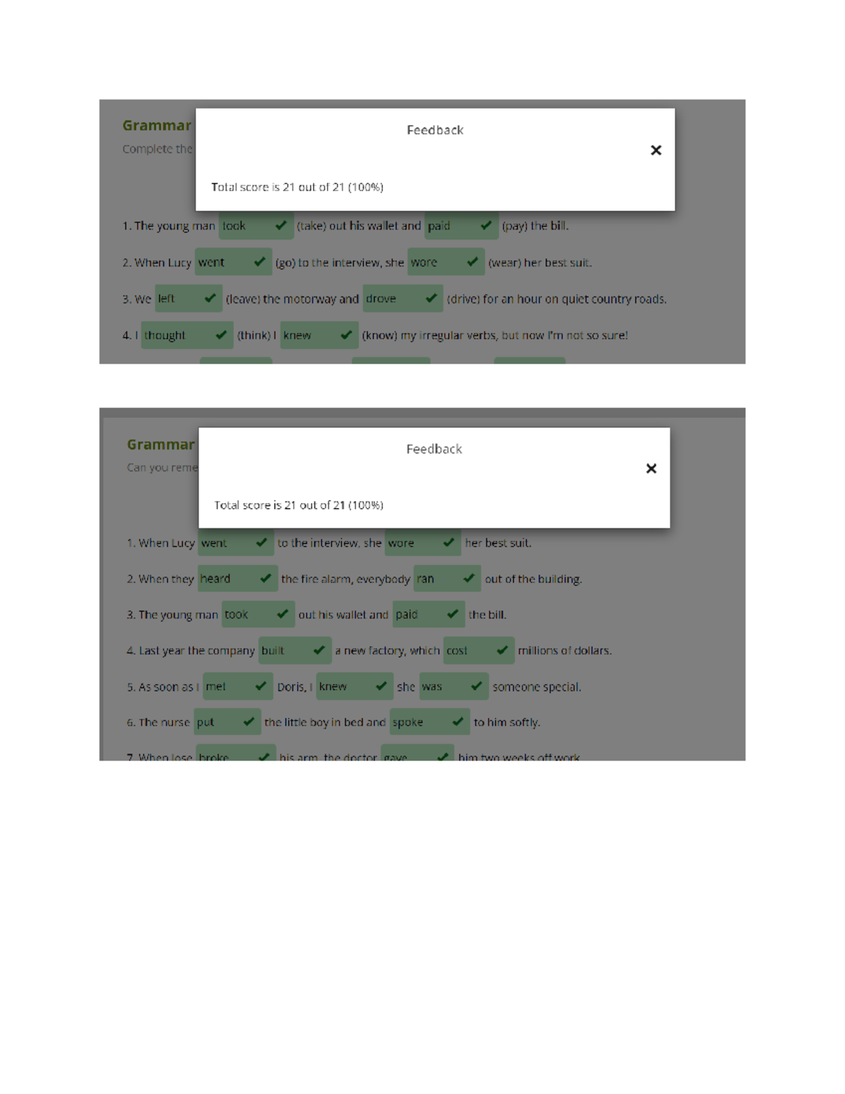 Ejercicio de Past simple - Grammar Feedback Complete the Total score is ...