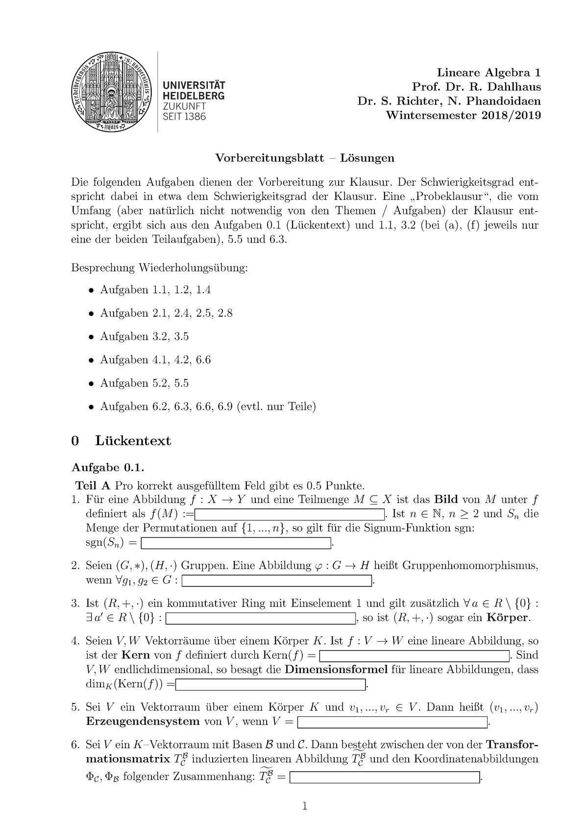 Klausurvorbereitung Mit Loesung - Lineare Algebra 1 Prof. Dr. R ...