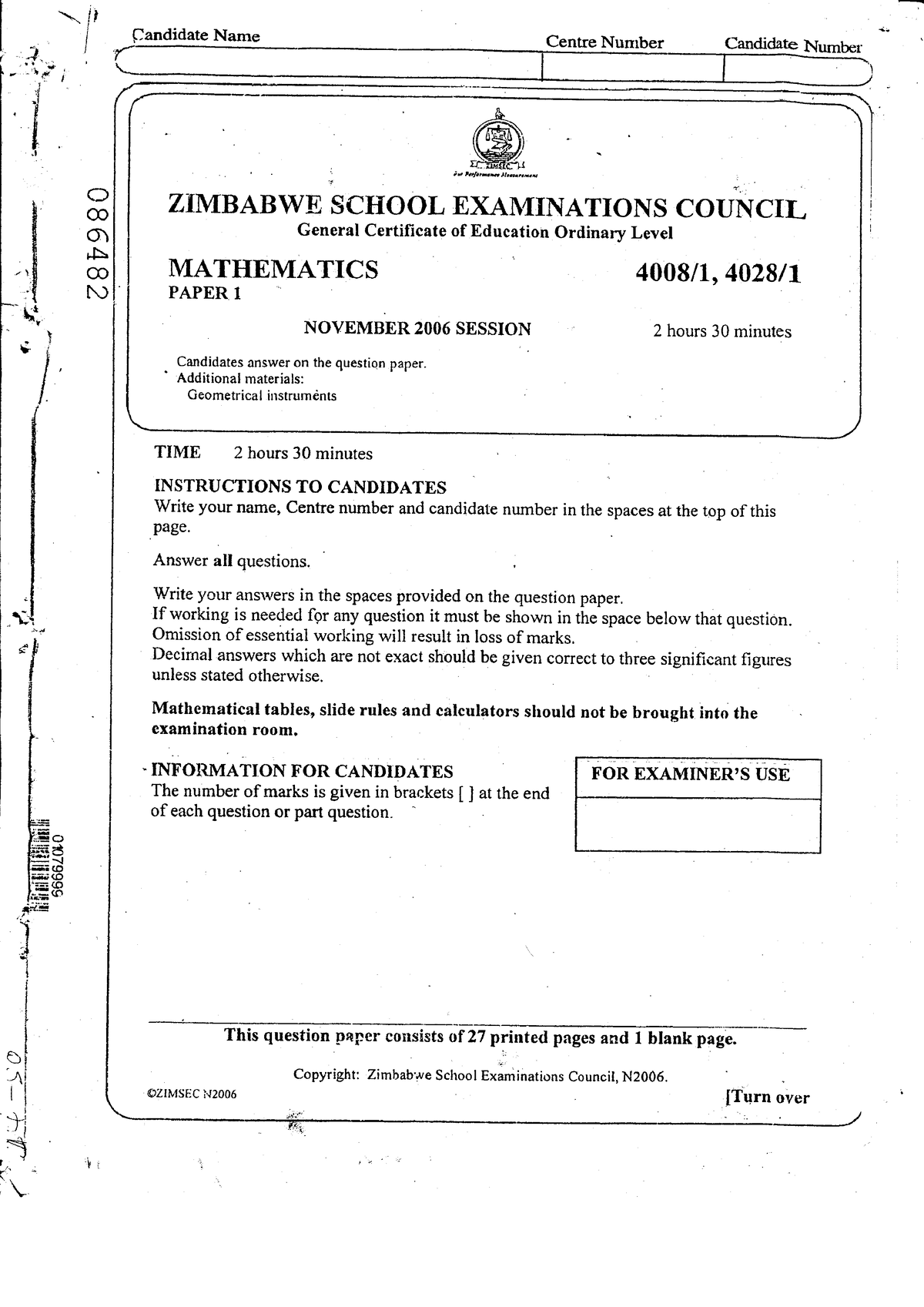 Zimsec Mathematics Green Book 2006 2008 Lr I I I 9 I Sandidate