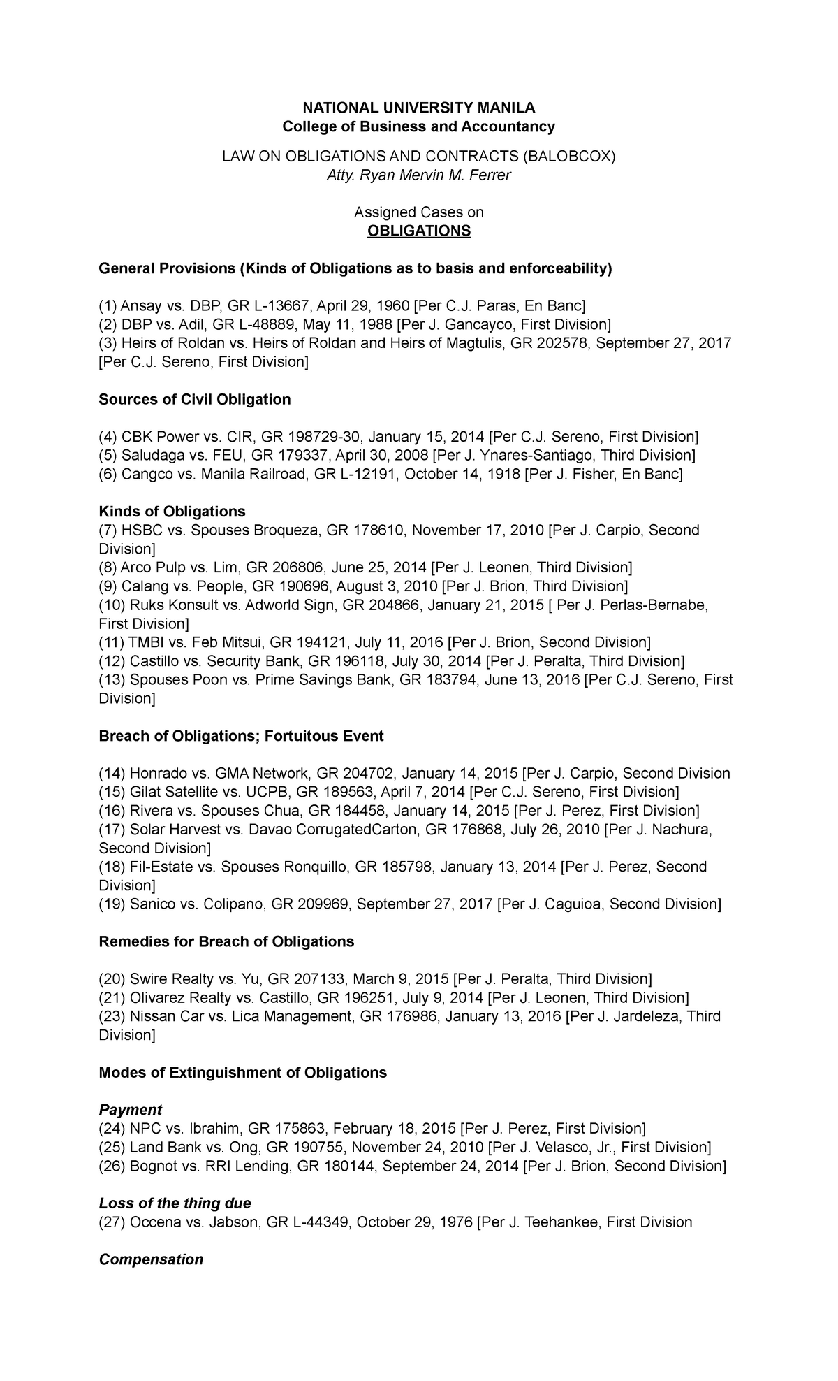 Assigned Cases On Obligations National University Manila College Of Business And Accountancy Law On Obligations And Contracts Balobcox Atty Ryan Mervin Ferrer Studocu