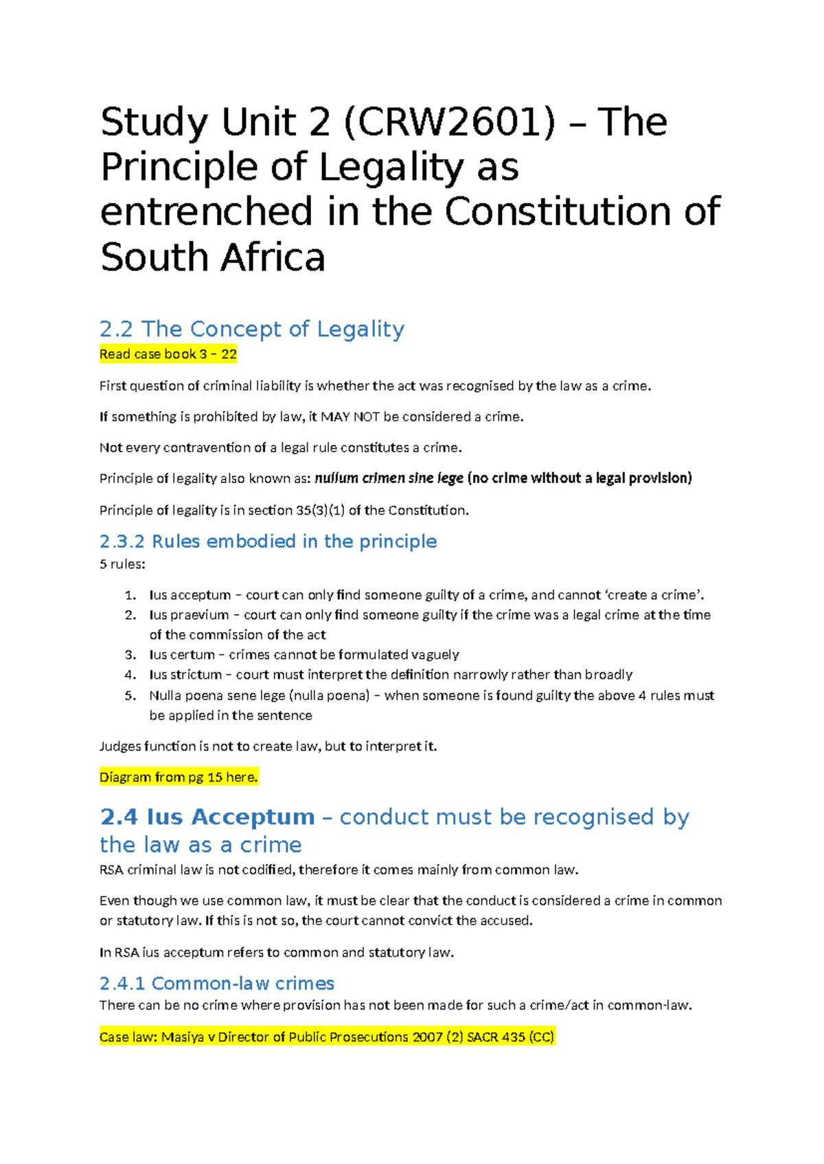 CRW2601 Study Unit 2 The Principle of Legality - Study Unit 2 (CRW2601 ...