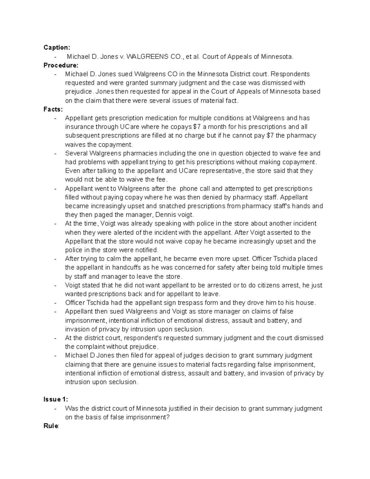 Jones V Walgreens Case Brief - Caption: - Michael D. Jones v. WALGREENS ...
