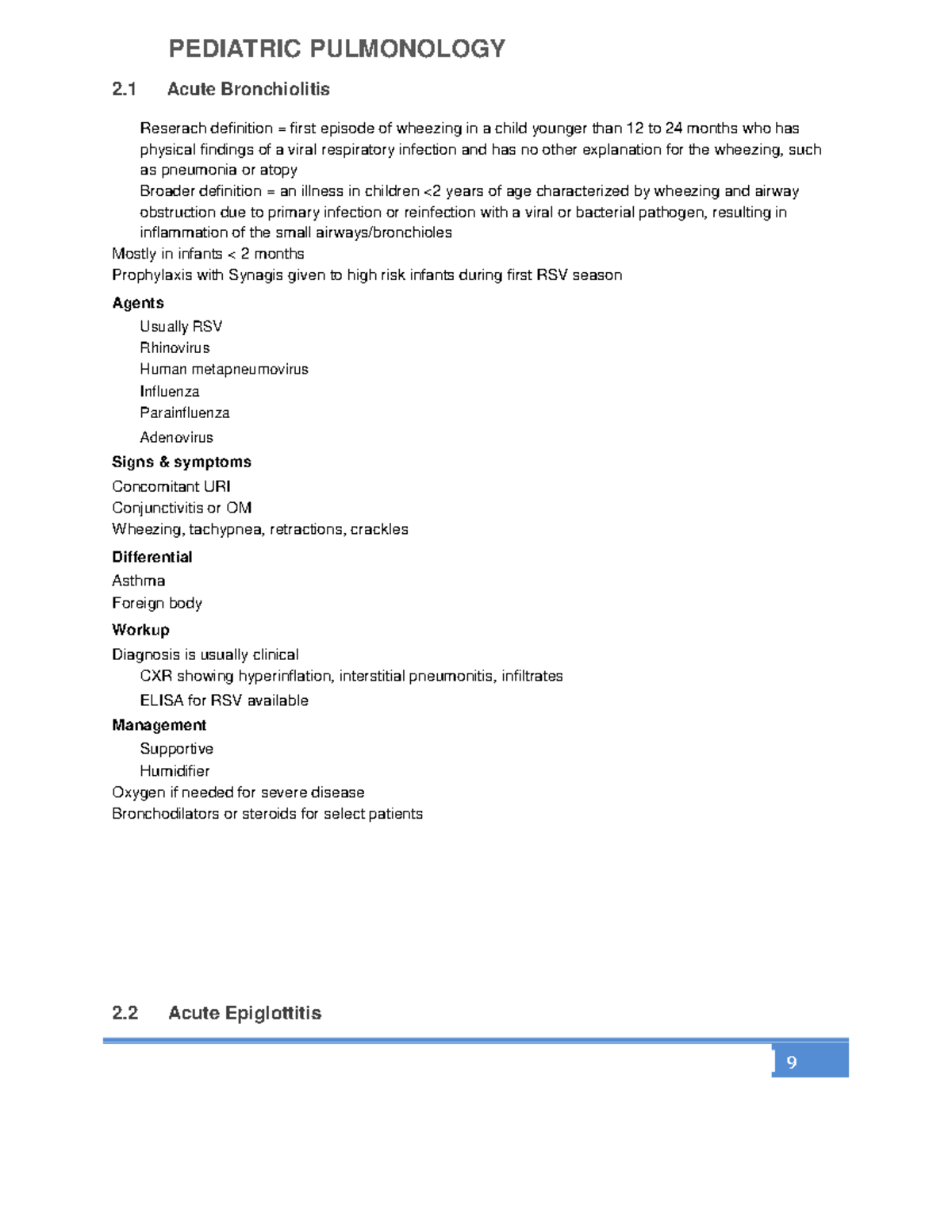 Pediatric Pulmonology PEDIATRIC PULMONOLOGY 2 Acute Bronchiolitis