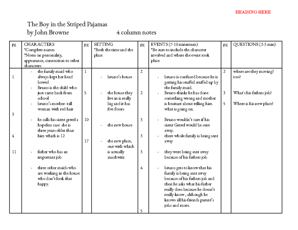 The Boy in Striped Pajamas 4 Column Notes chapter 13 HEADING HERE