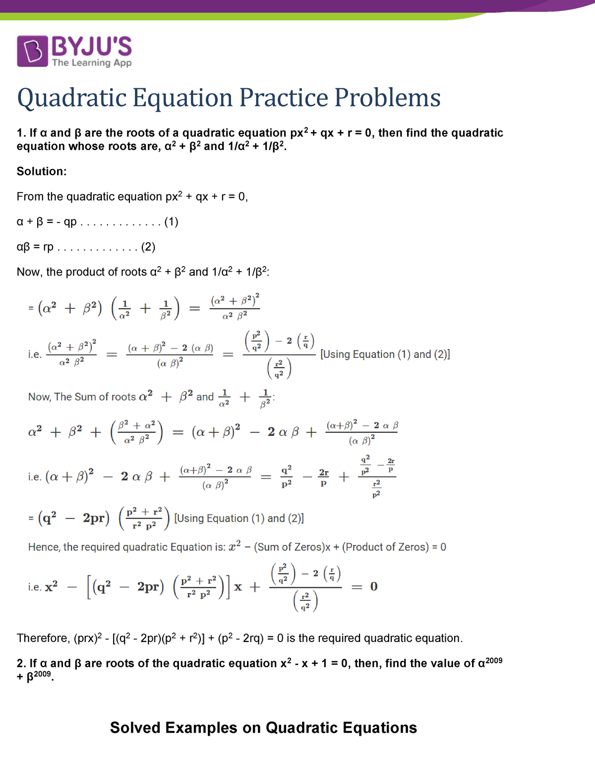 Quadratic Equation Solved Problems Pdf Converted Quadratic Equation Practice Problems 1 If A And Studocu