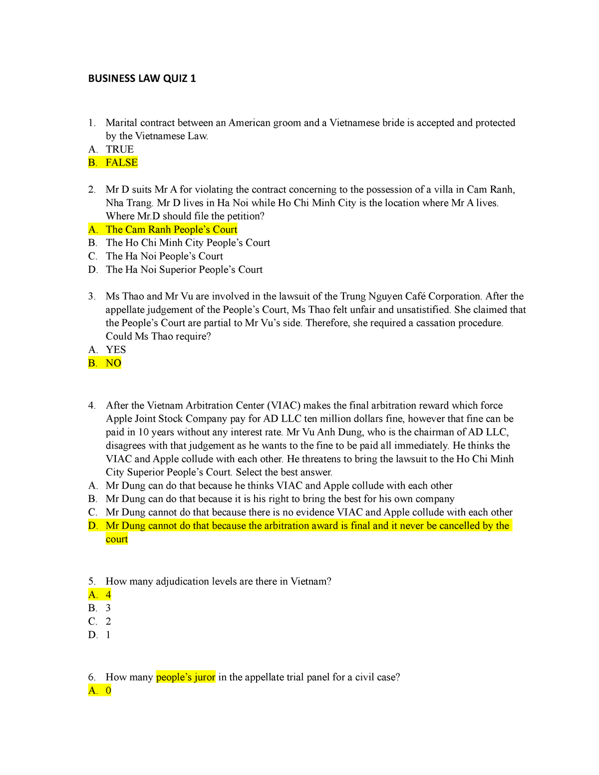 Quiz 1 - Business Law Quiz Sample For Midterm Test, Which Allows ...