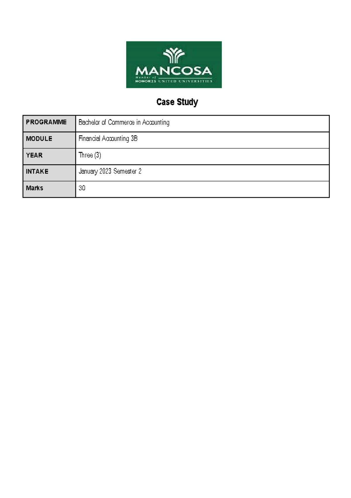 Cstudy Jan23 BACC FA3B7 Financial Accounting - Case Study PROGRAMME ...