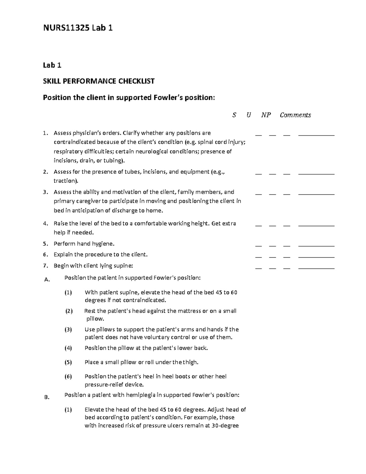 Fowler S Position Lab Nurs11325 Lab 1 Lab 1 Skill Performance Checklist Position The Client