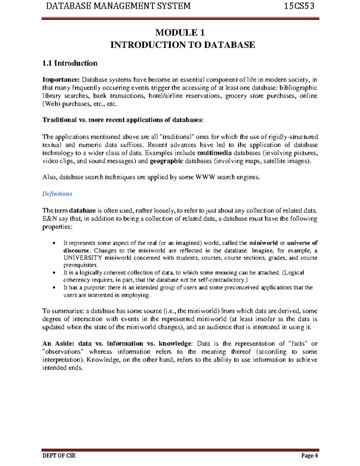 M1 (1) - Hsbshskakamnsbs - MODULE 1 INTRODUCTION TO DATABASE ####### 1 ...