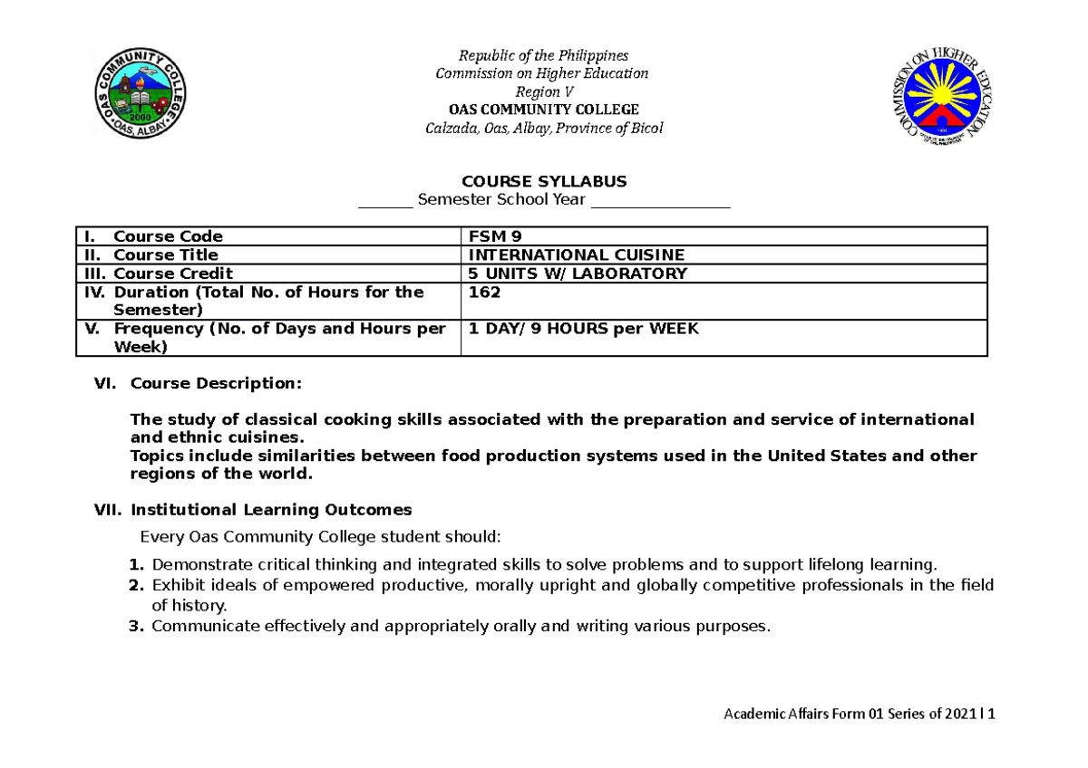 International Cuisine Syllabus Commission on Higher Education Region