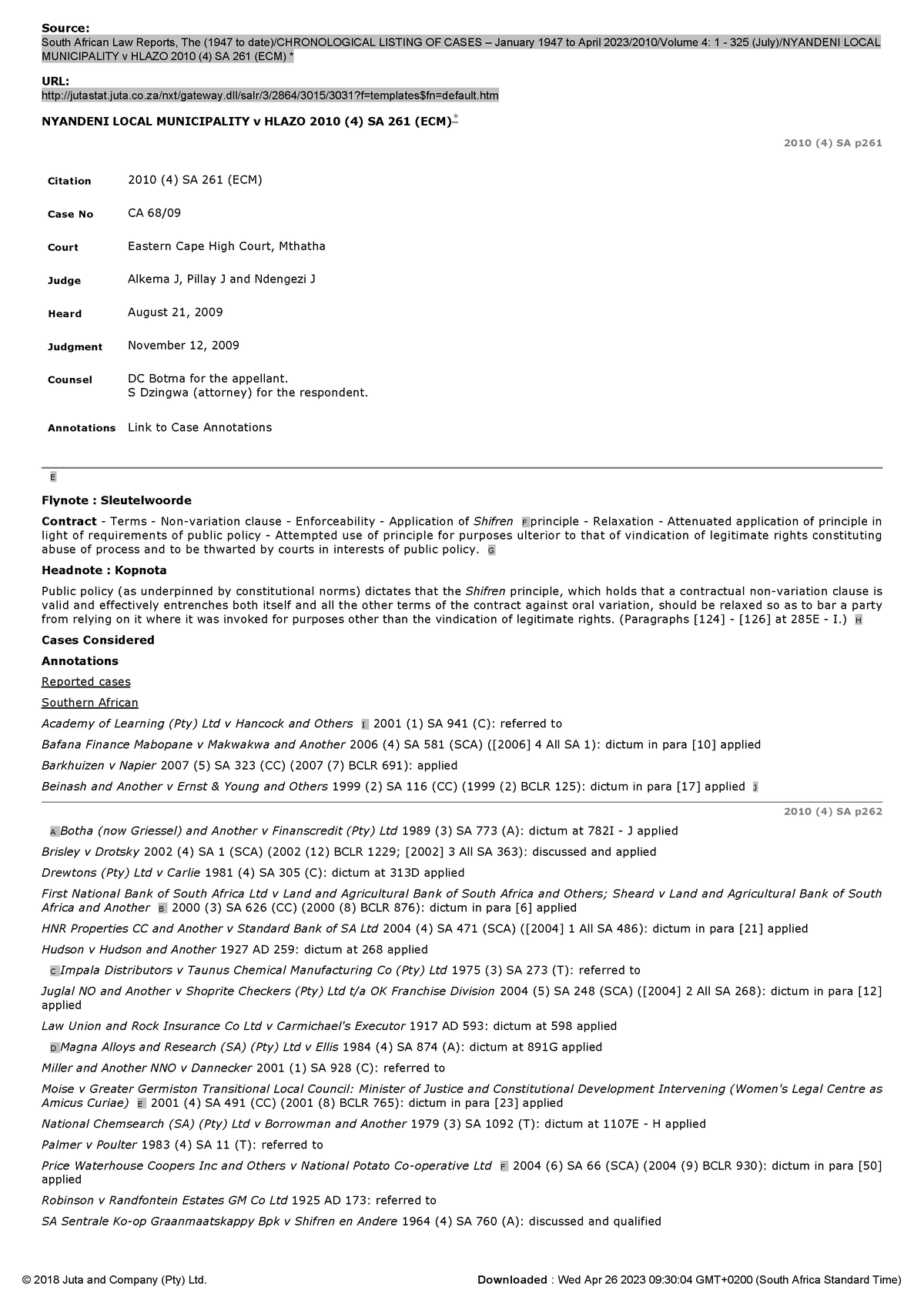 Nyandeni Local Municipality v Hlazo 2010 (4) SA 261 (ECM) - Source ...