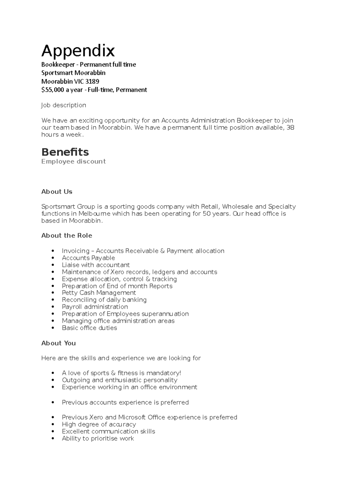 Appendix for ACCT204 - note - Appendix Bookkeeper - Permanent full time ...