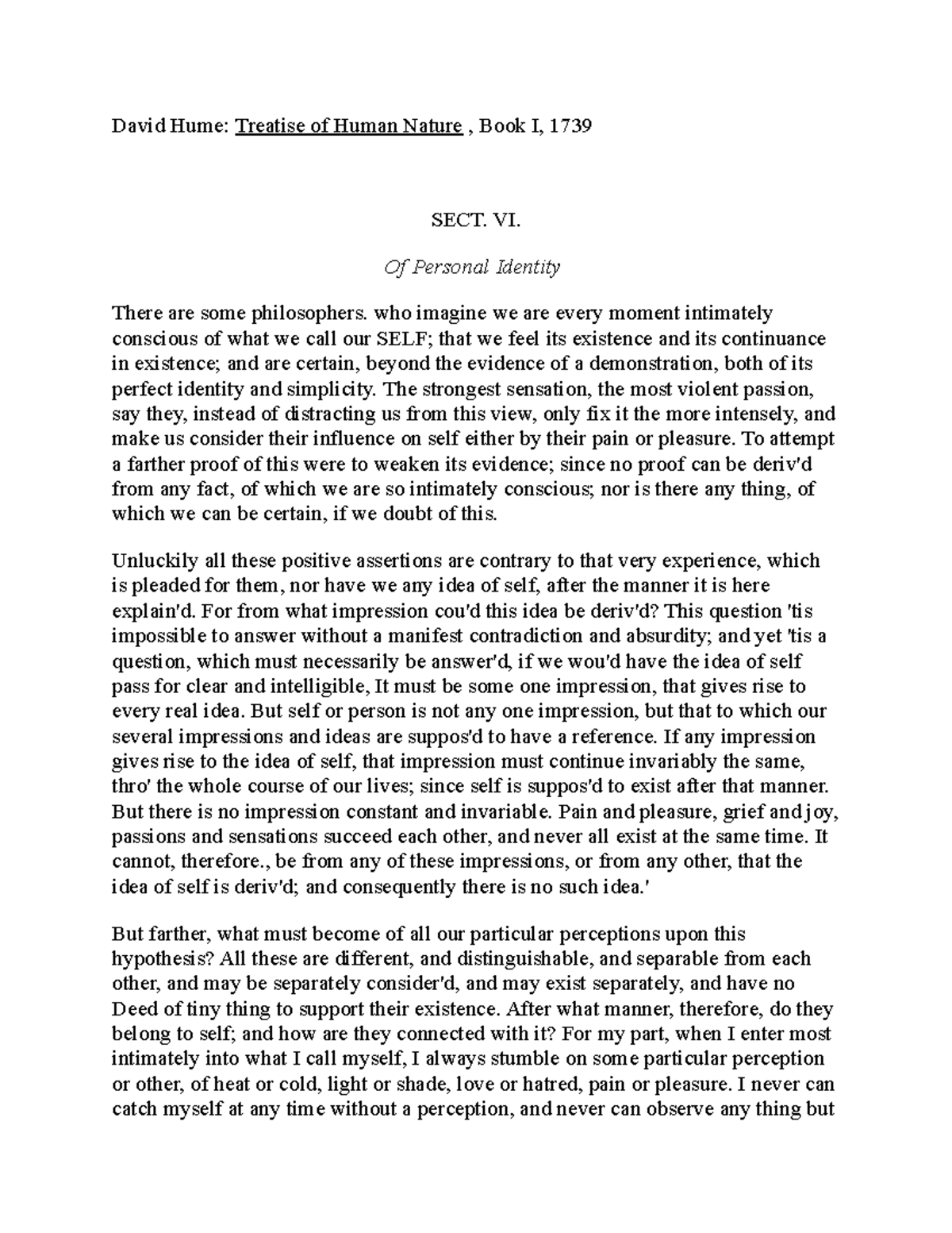 David Hume and Personal Identity David Hume Treatise of Human Nature