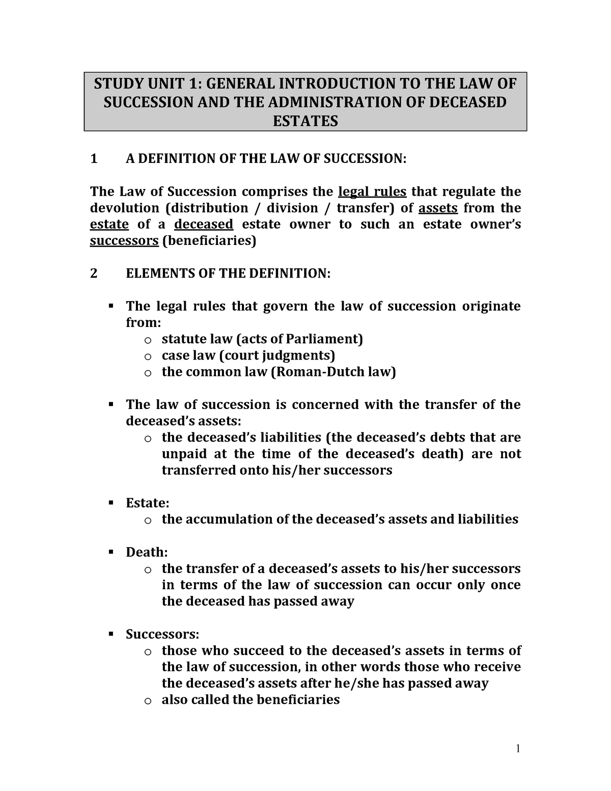 Law Succession - STUDY UNIT 1: GENERAL INTRODUCTION TO THE LAW OF ...