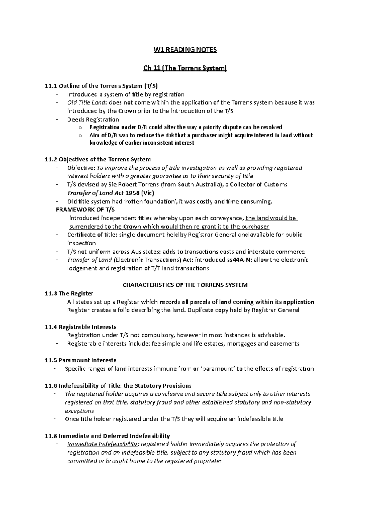 Reading Summary Australian Property Law Cases Materials and Analysis W1 READING NOTES Ch 11