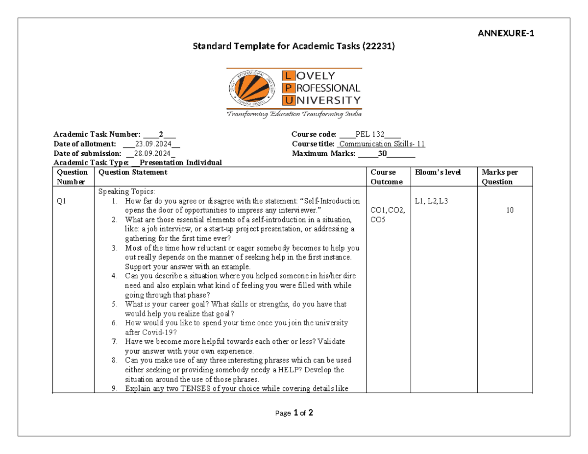 PEL132CA 2 Academic Task file - ANNEXURE- Standard Template for ...