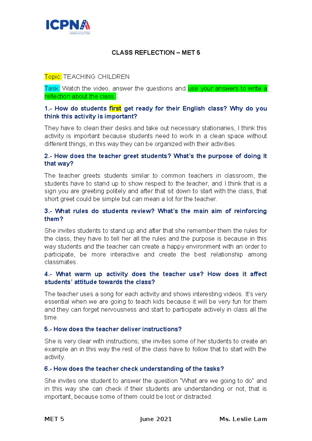 Class Reflection - Psico - CLASS REFLECTION – MET 5 Topic: TEACHING ...