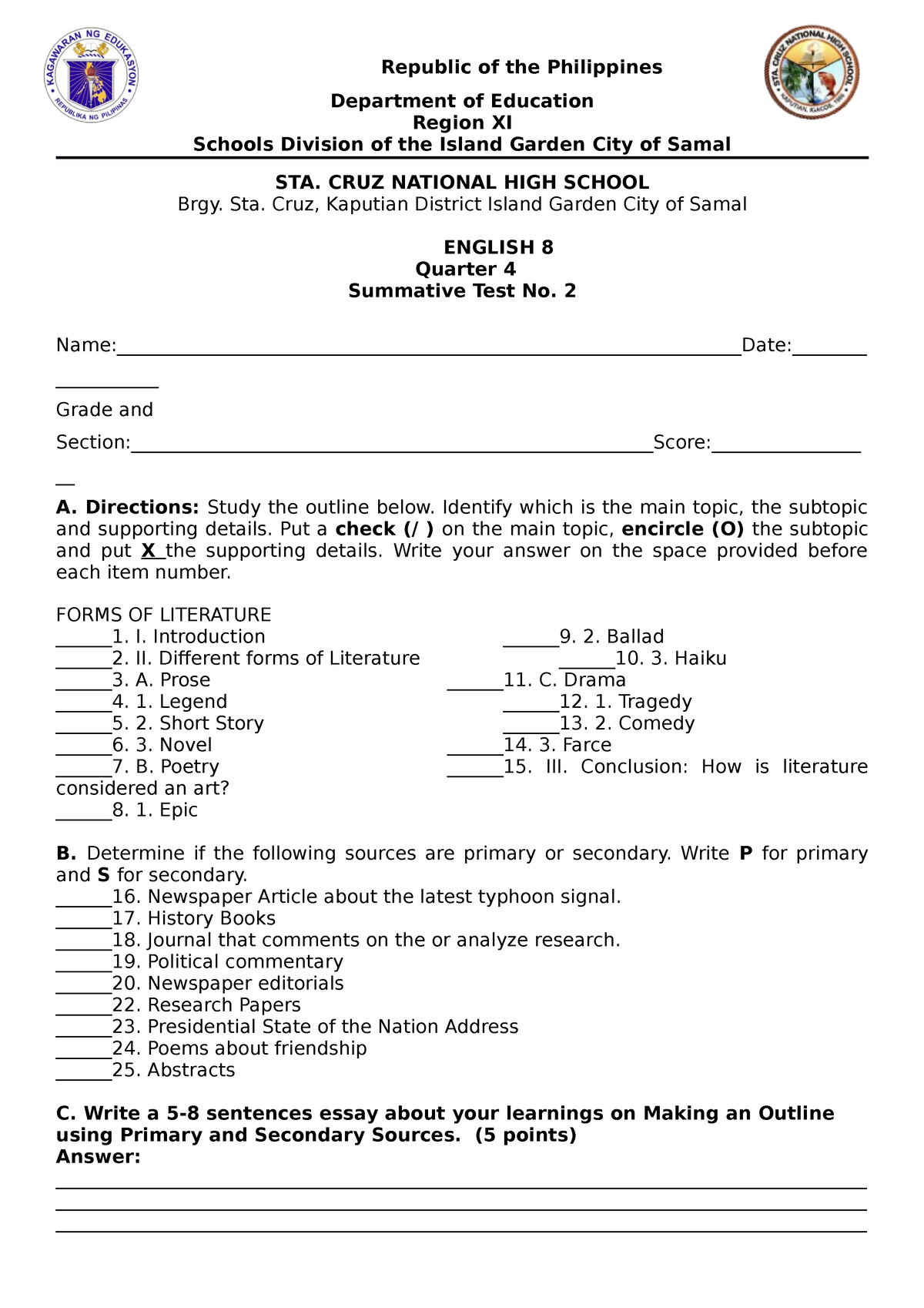 English 8-4th Quarter Summative Test No. 2 - Republic Of The ...