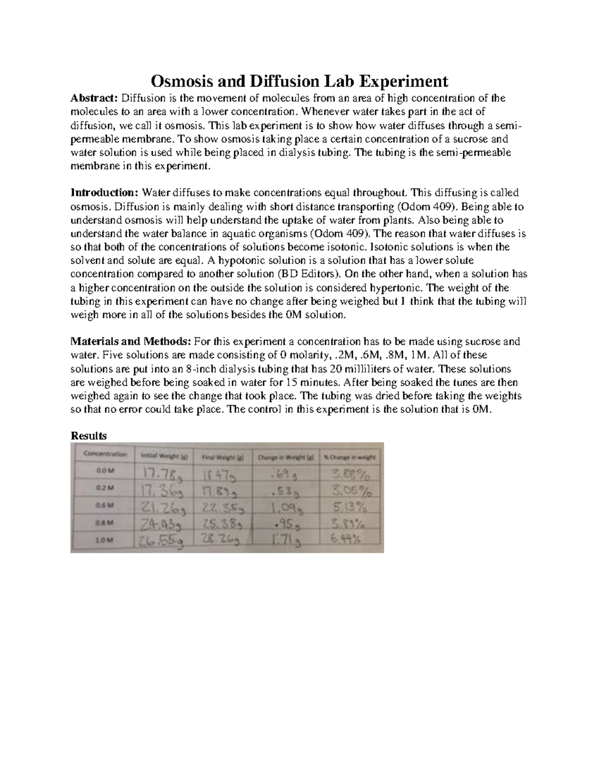 Bio Lab Report Osmosis and Diffusion Lab Experiment Abstract