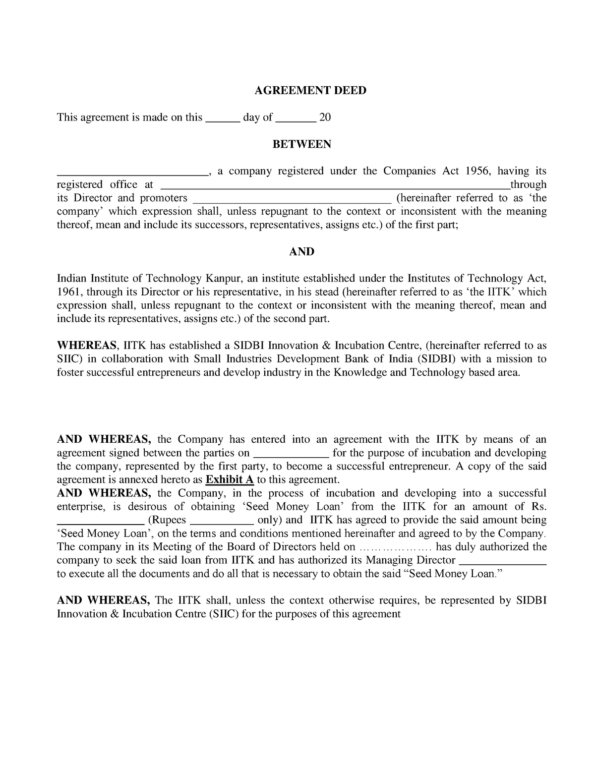 Updated Seed Fund Agreement - AGREEMENT DEED This agreement is made on ...