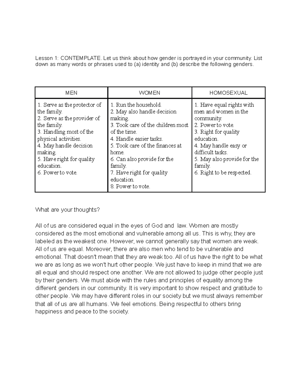 Ge11 Lesson 1 Activity Lesson 1 Contemplate Let Us Think About How Gender Is Portrayed In 3499