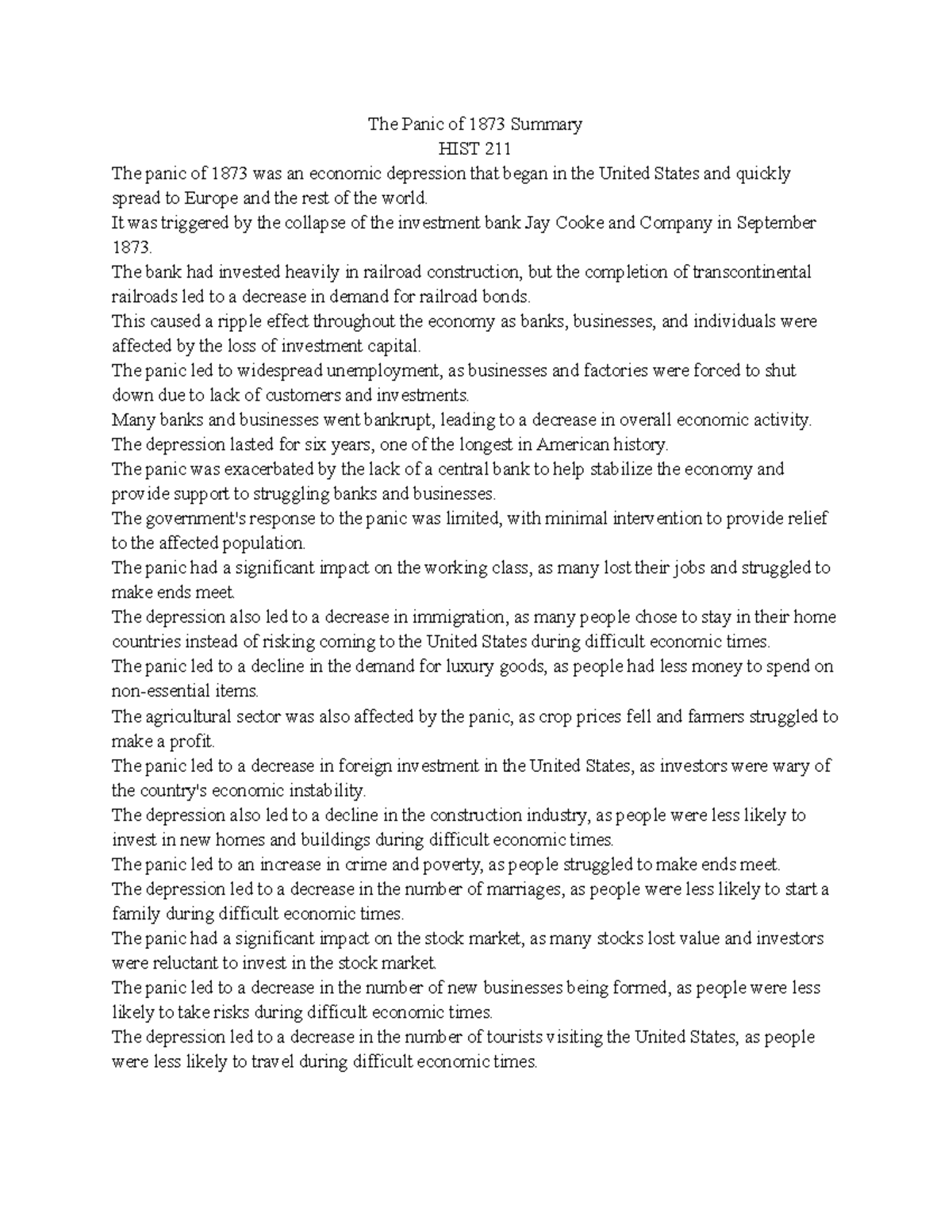 The Panic of 1873 Summary - The Panic of 1873 Summary HIST 211 The