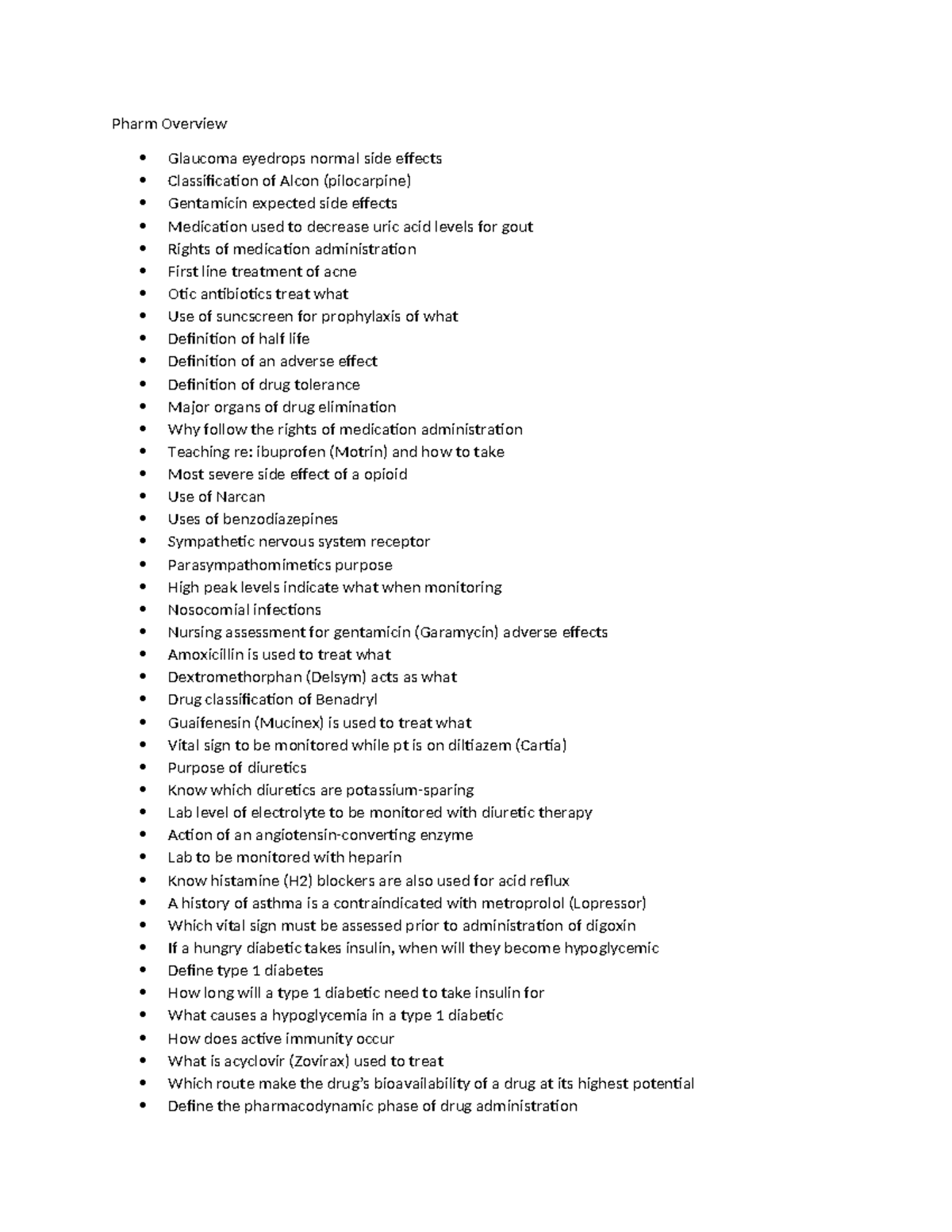 Pharmfinalrev - Pharm Final Study Guide - Pharm Overview Glaucoma 