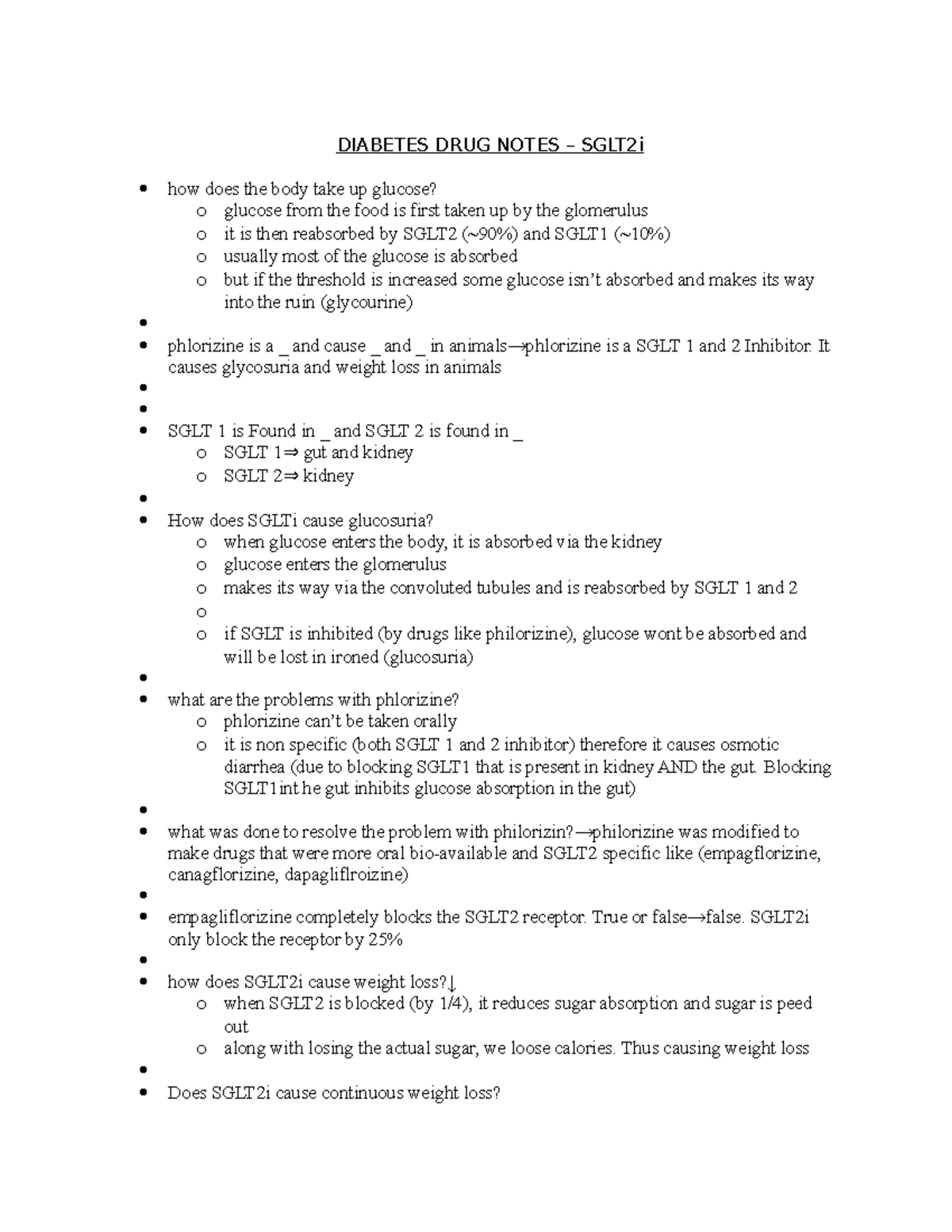 Diabetes DRUG Notes - lecture key points - DIABETES DRUG NOTES – SGLT2i ...
