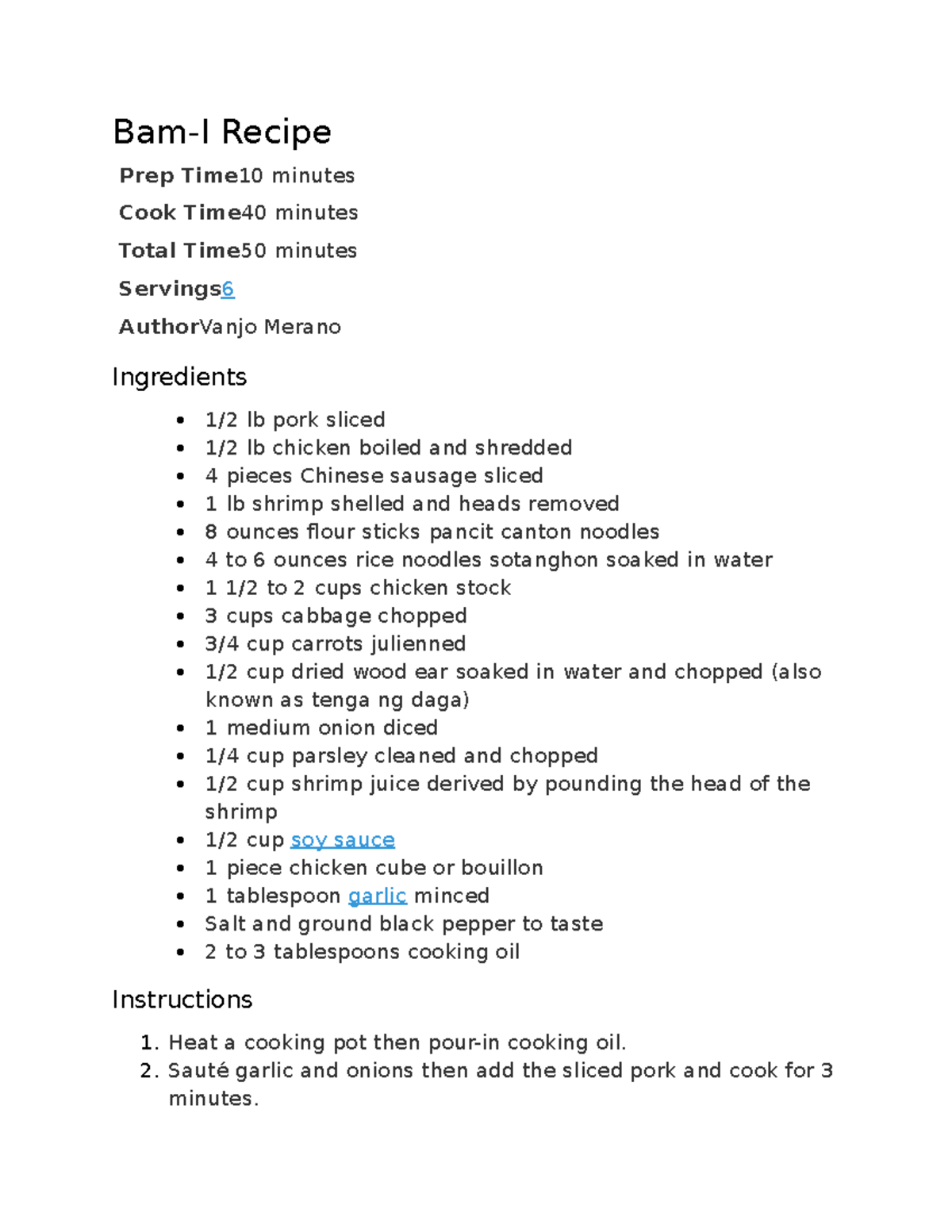 Recipe - Lecture notes 1-2 - Bam-I Recipe Prep Time 10 minutes Cook