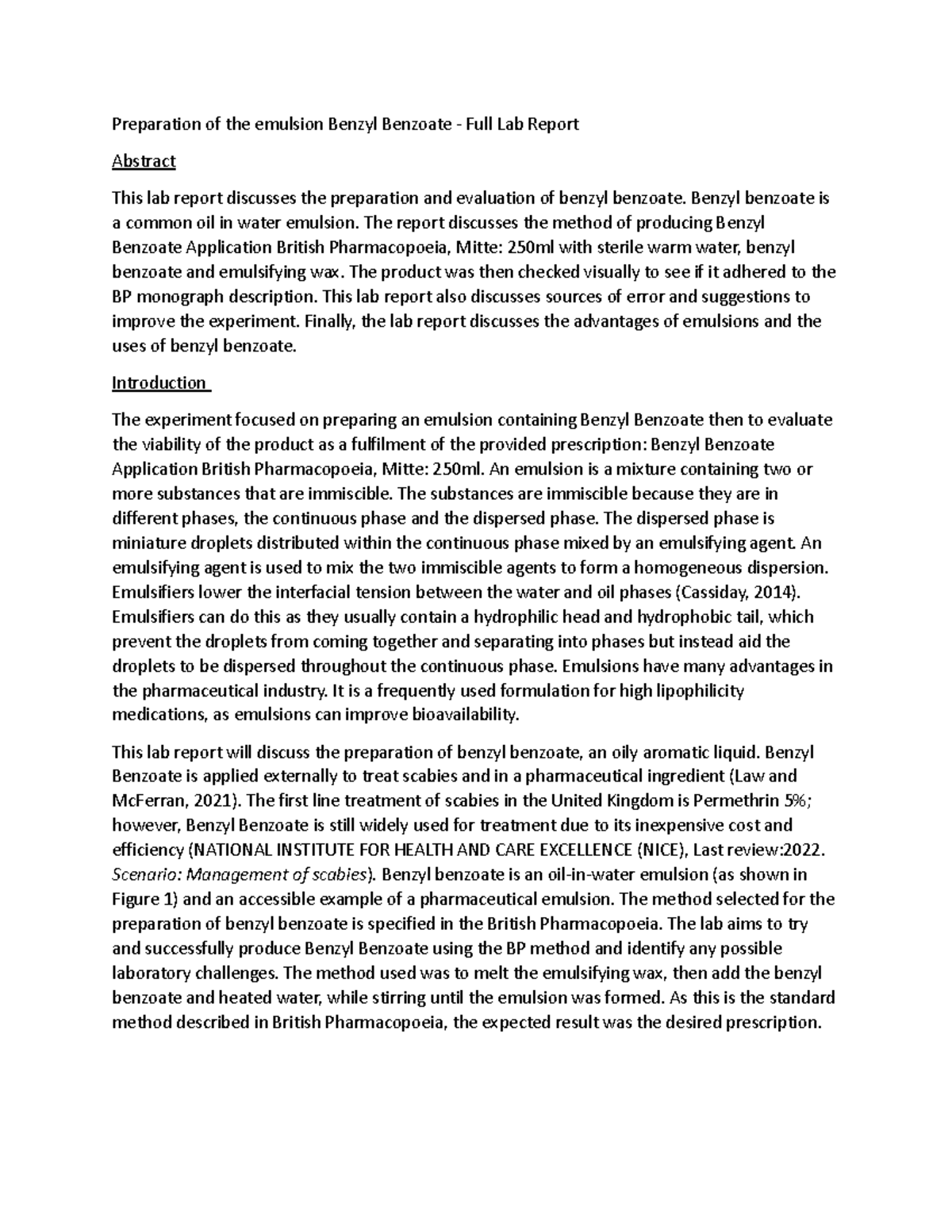 LR Lab report Preparation of the emulsion Benzyl Benzoate Full