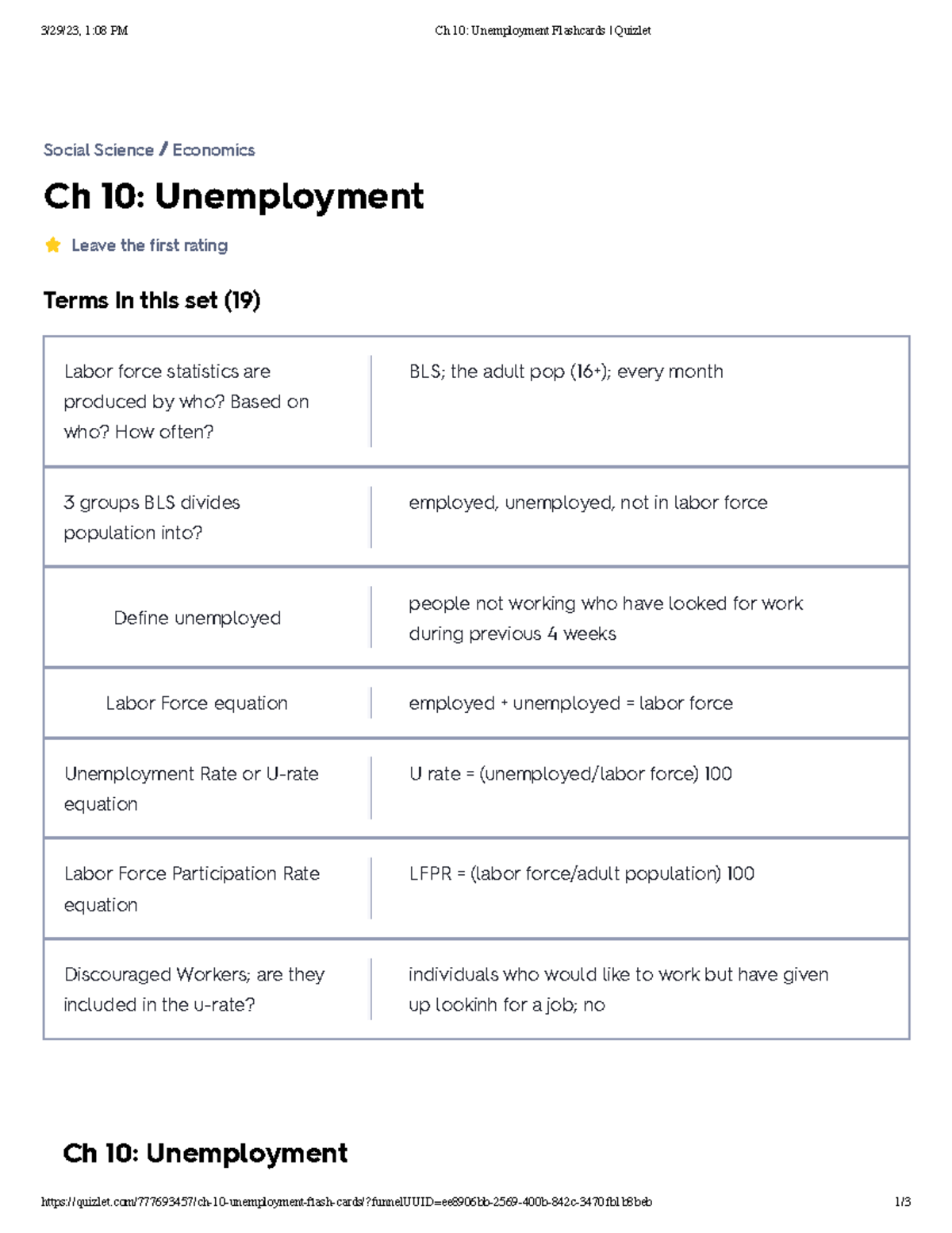 Ch 10 Unemployment Flashcards Quizlet - 3/29/23, 1:08 PM Ch 10 ...