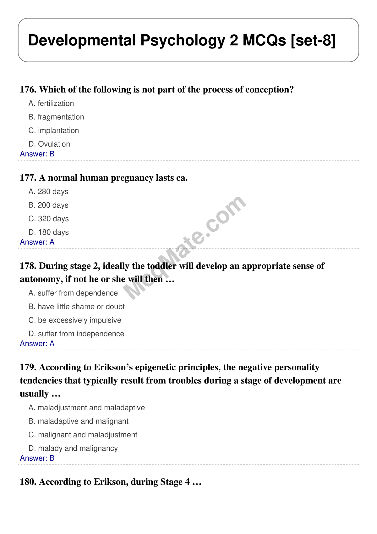 Developmental Psychology 2 Solved MCQs [set-8] Mcq Mate.com - McqMate ...