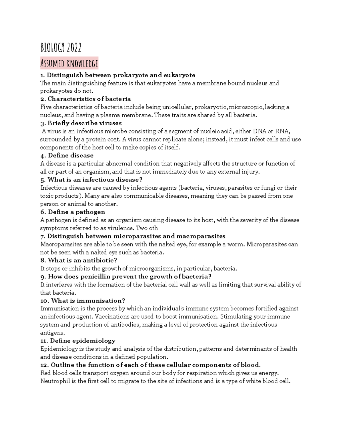 Biology Year 12 - Notes and Summaries - BIOLOGY 2022 Assumed knowledge ...