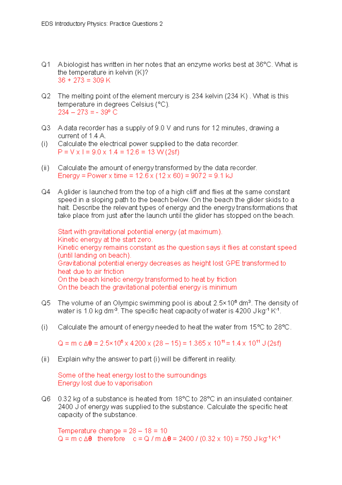 Revision - Introductory Physics Practice Questions 2 Answers - Q1 A ...