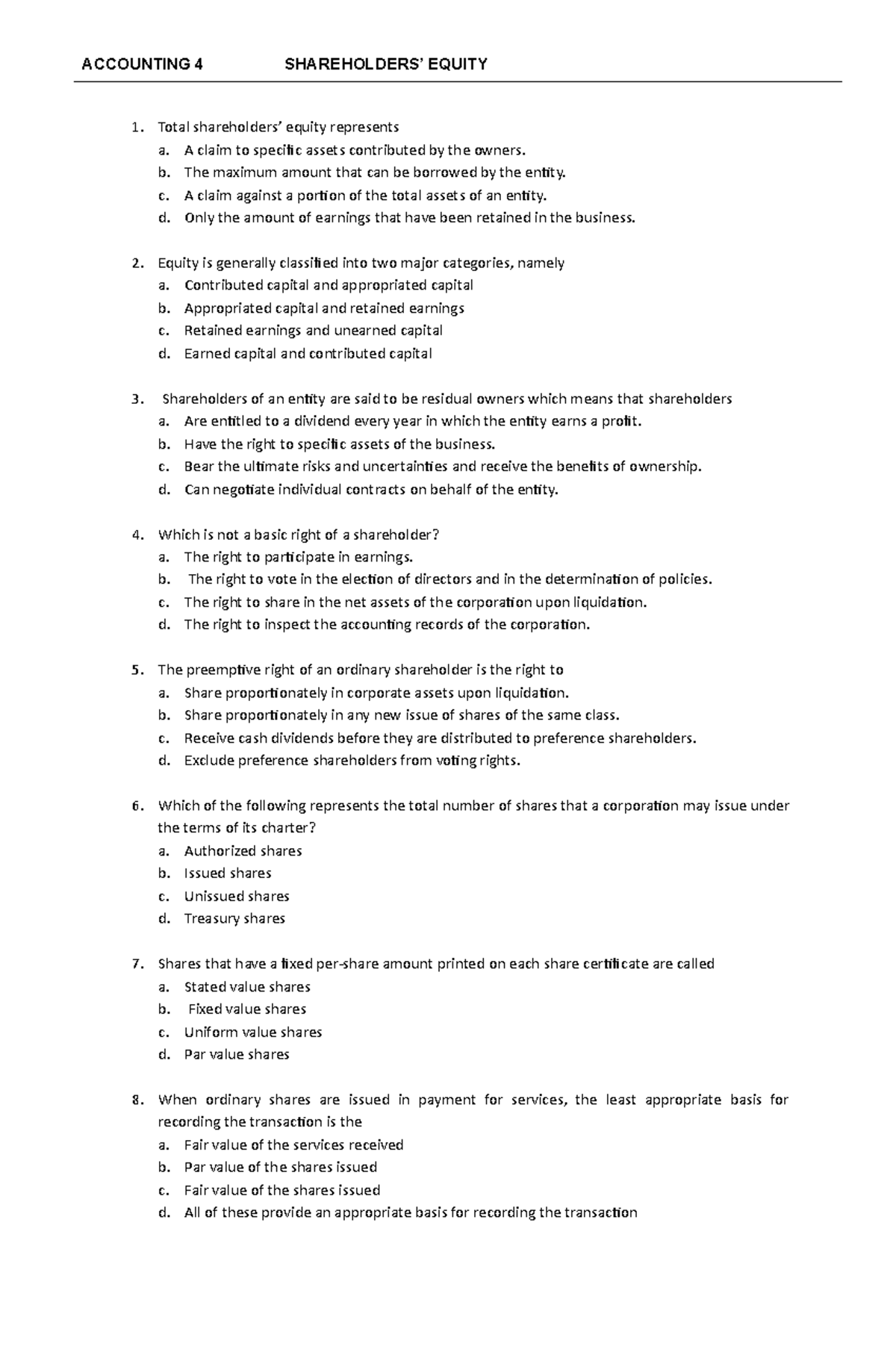 Accounting 4 Shareholders Equity - Total shareholders’ equity ...