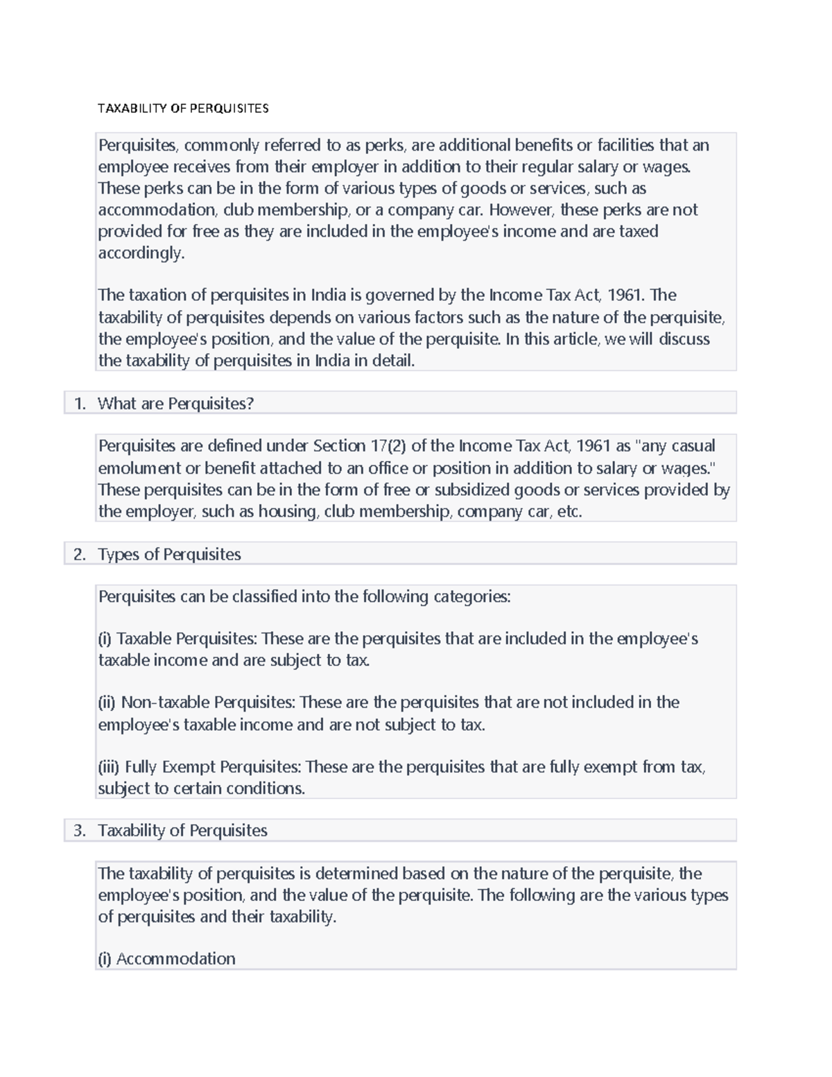 Taxability OF Perquisites - TAXABILITY OF PERQUISITES Perquisites ...
